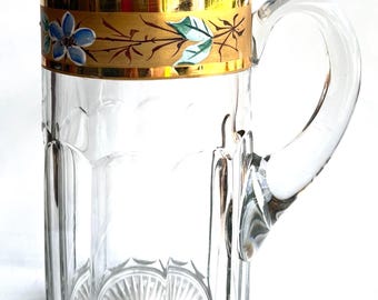 Pattern Glass EAPG: Beautiful Pattern Glass Pitcher, Gorgeous Gold Trim, Heavy! , 9-1/4”, Circa 1880s, Applied Handle, Perfect Condition!