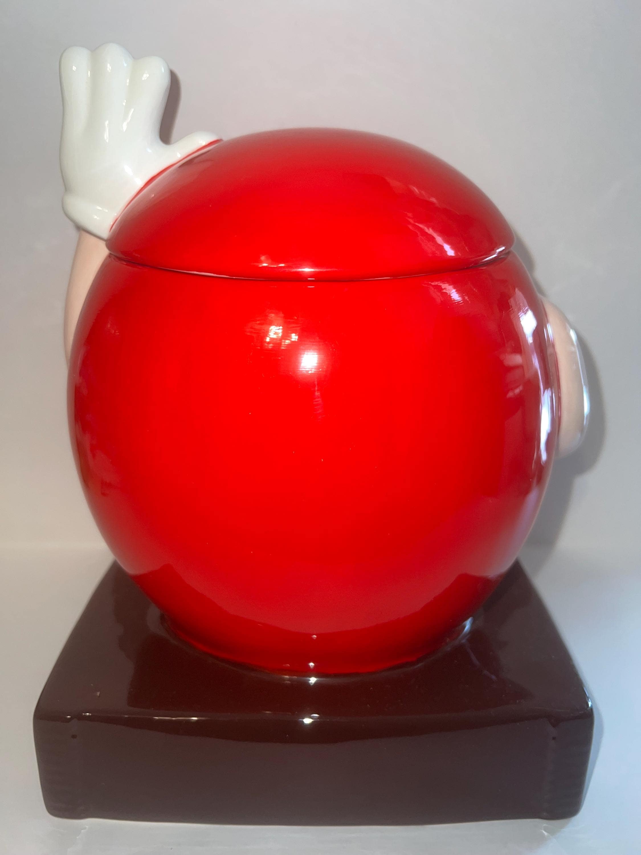M & M Cookie Jar, Red Ceramic, 2000, 10.5” to Top of Hand, See