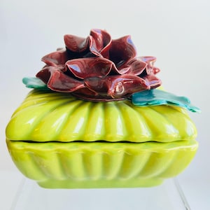 California Pottery Potteries Lidded Box in Lime Green, Maroon and Dk Green, About 4.5”long X 3.5” wide, No Chips or Cracks, See all photos
