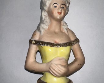 Pincushion / Half Doll: Antique Porcelain Pin Cushion Pincushion Half Doll, Large 5-1/2 inches Tall, Looks French