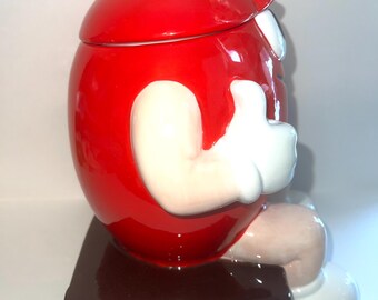 M & M Cookie Jar, Red Ceramic, 2000, 10.5” to Top of Hand, See