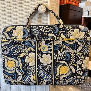 Vera Bradley Vintage Blue & Yellow Hard Computer Case Travel Laptop Bag, Abt 17”X 12”, Very Clean, Long Strap Shown is Included