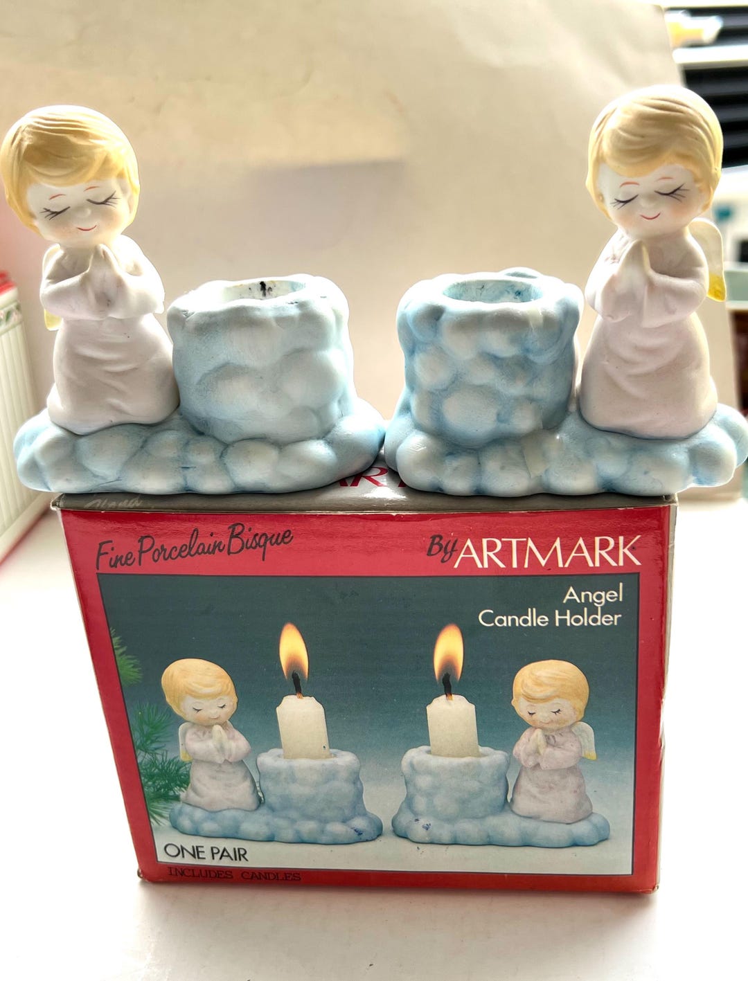Artmark Pr Angel Candleholders in Orig Box, Porcelain Bisque, 1980s ...