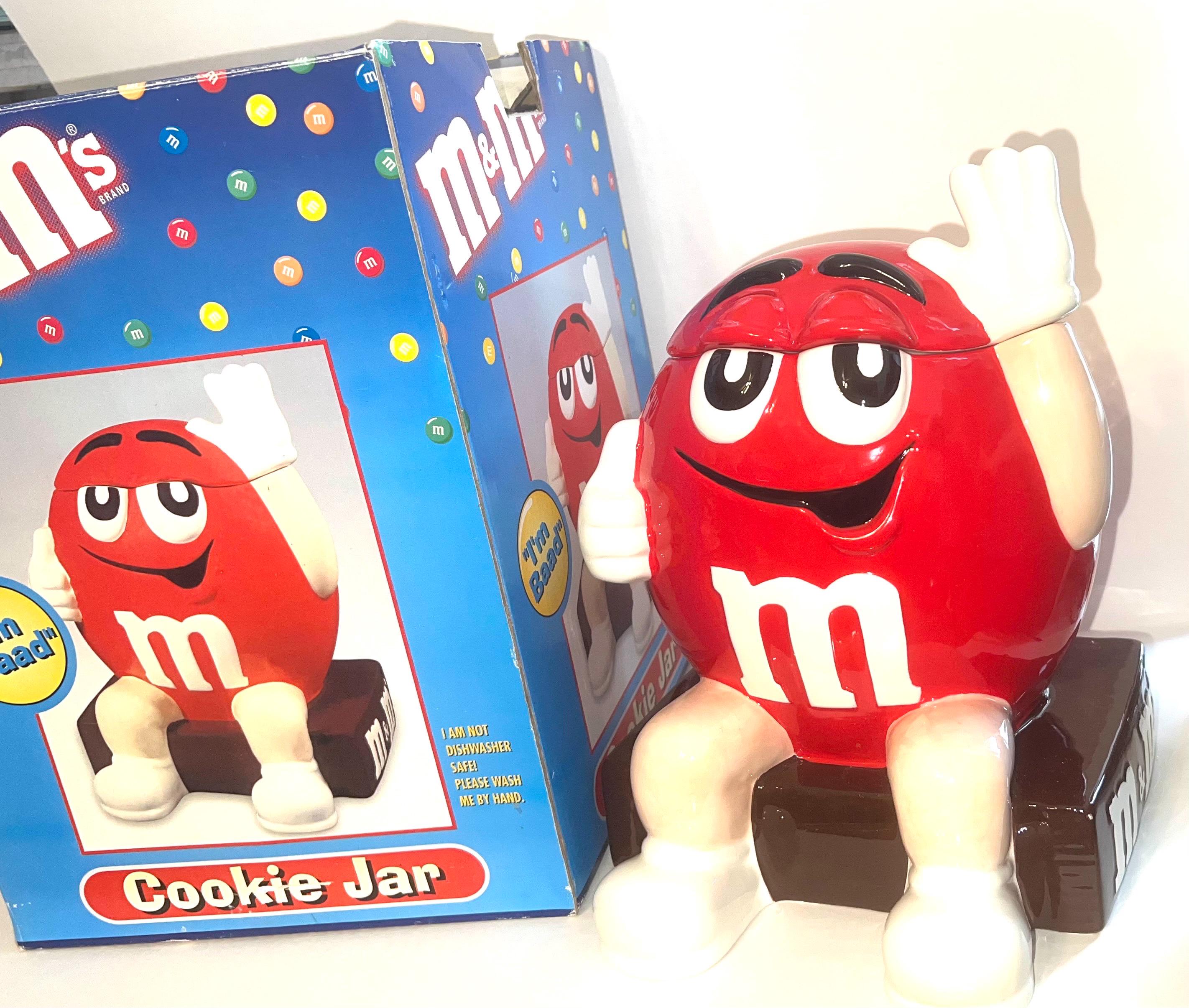 M & M Cookie Jar, Red Ceramic, 2000, 10.5” to Top of Hand, See