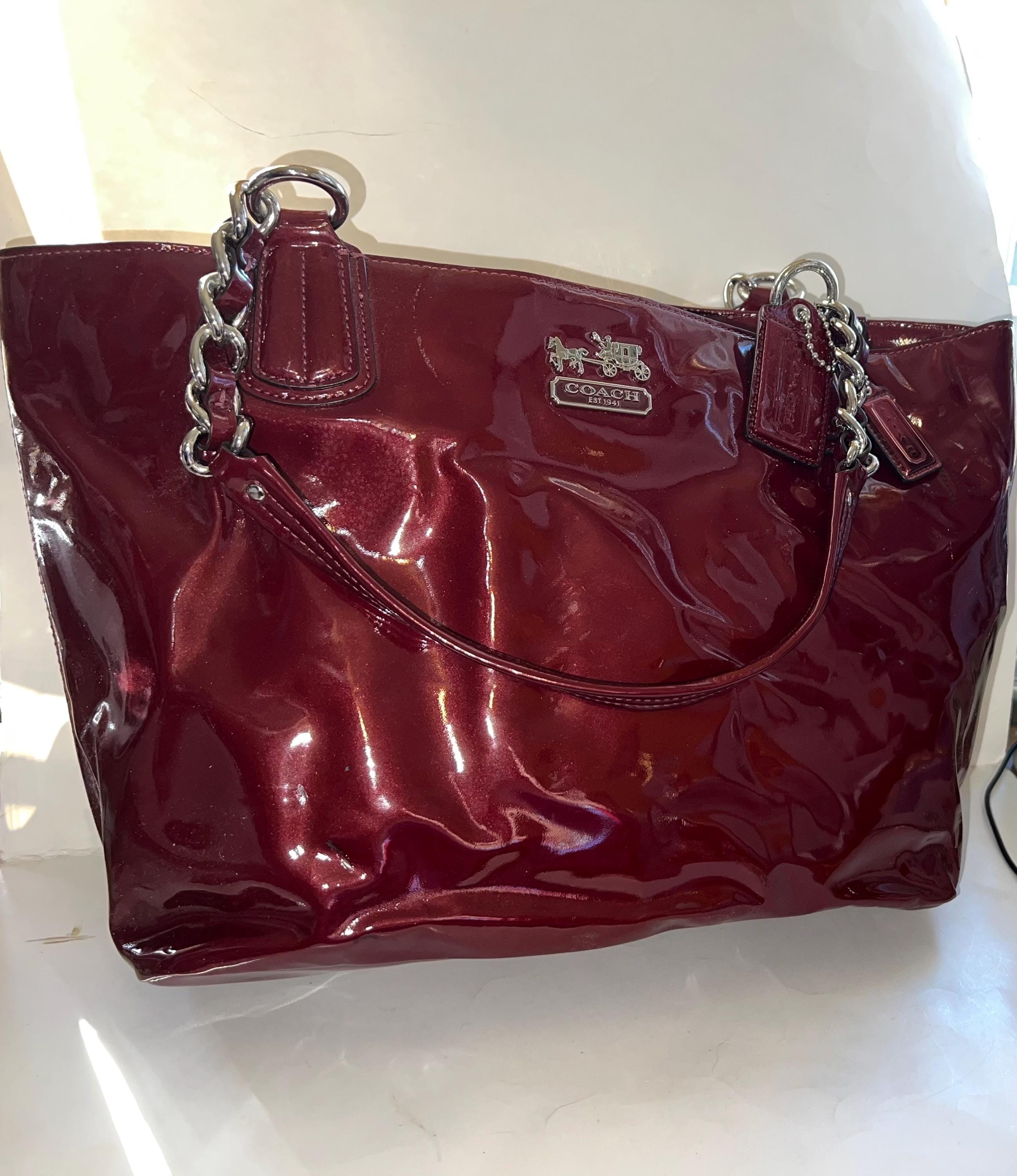 Coach Vintage Maroon Patent Leather Bag / Purse, 12” X 10” X 