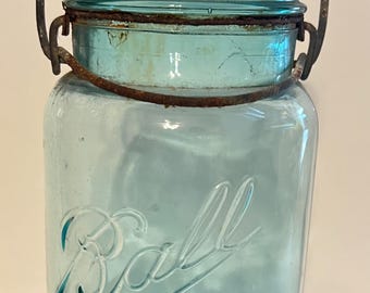 Vintage Ball Sure Seal Quart Jar w/Glass Lid, All Blue, Rusty Wire, See Photos
