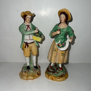 Antique Pr Staffordshire Colonial Couple Figurines with Flowers, 7”, Old Staffordshire Ware, Made in England, Perfect Condition!