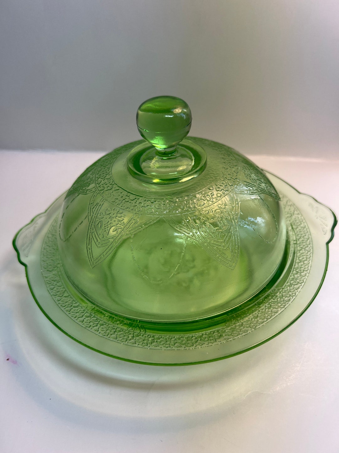 Green Depression Glass Butterdish Butter Dish 2pcs Etsy