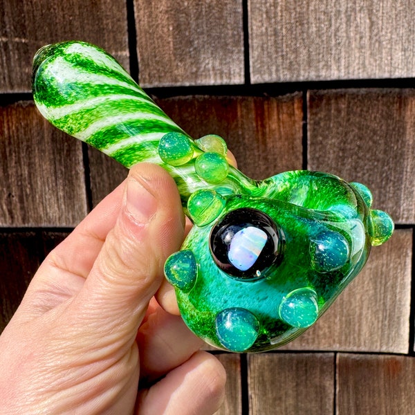 Twisted Experimental green pipe, opal hand Pipe, blue glass pipe, Glass Smoking pipe, Heady Glass Pipe