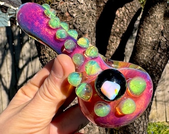 Serendipity Pink Sunset Pipe with Slyme Green Dots – Opal Marble Spoon – Hand Blown Heady Glass Art