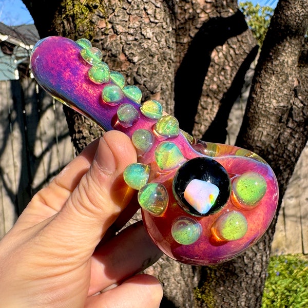 Serendipity Pink Sunset Pipe with Slyme Green Dots – Opal Marble Spoon – Hand Blown Heady Glass Art