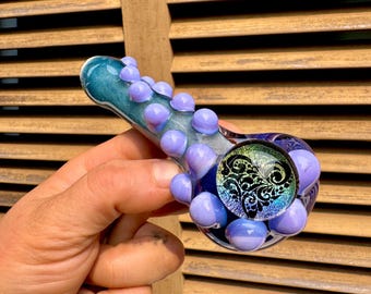 Hand Blown White & Lavender Glass Pipe: Dichroic Heart Marble