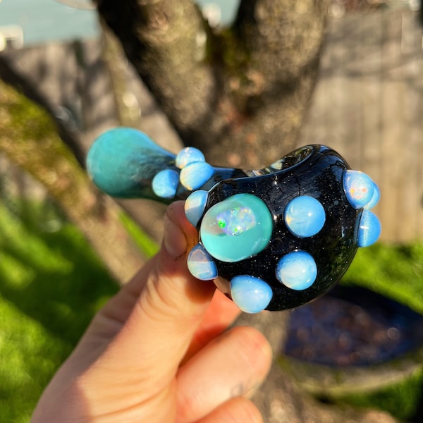 Heady blue opal pipe, opal pipe, hand blown glass pipe, glass pipe , girlie pipe, purple pipe, heady glass, sparkle pipe