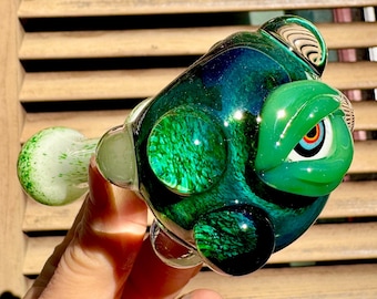 Green Monster Eye Glass Pipe – Heady Spoon with Textured Marbles – Hand Blown Creature Art Pipe