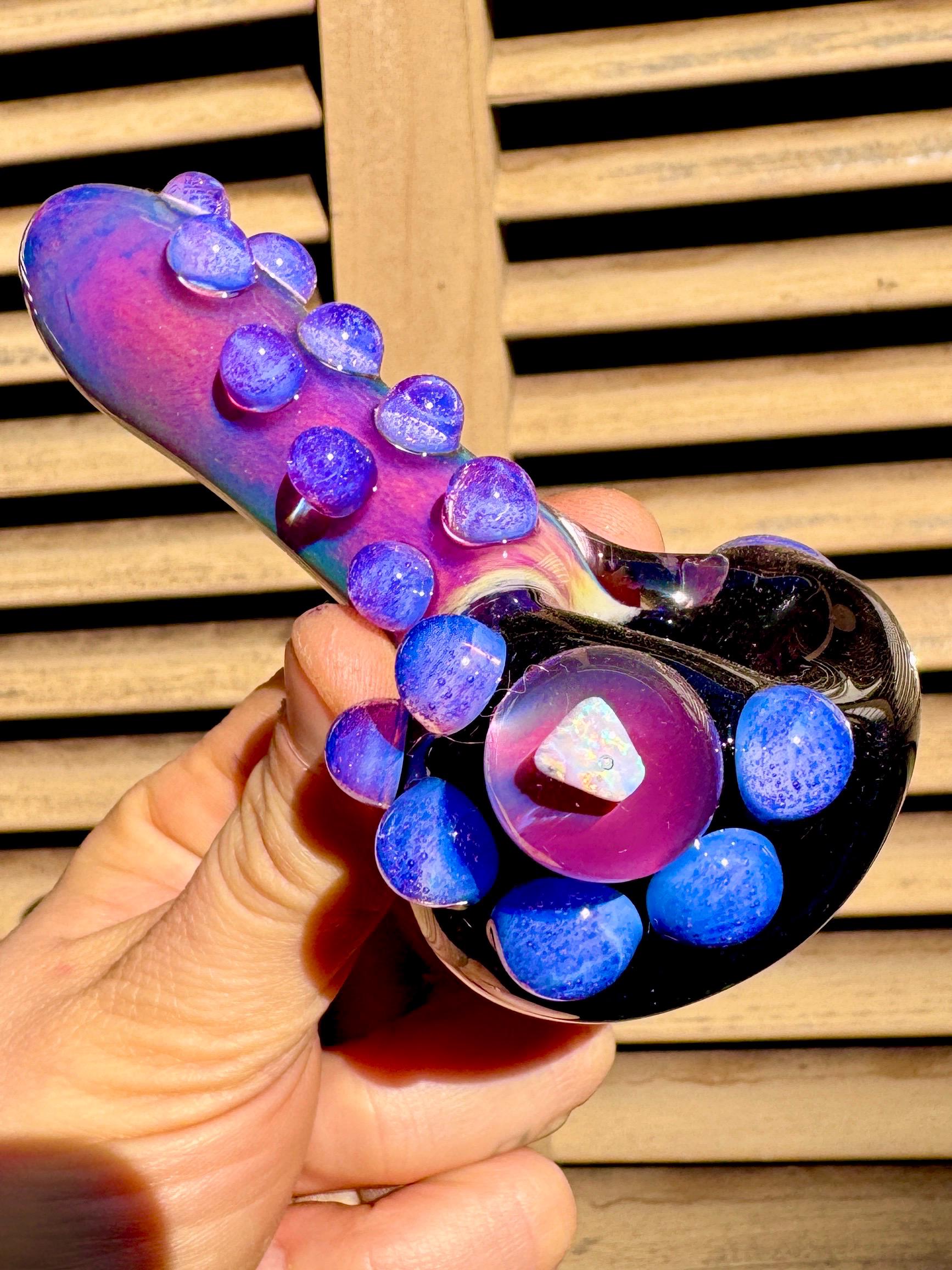 Handmade Psychedelic Glass Spoon Pipe: Fumed Pink Purple with Crystal Opal