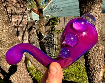 Purple Sparkle Sherlock Glass Pipe – Hand Blown Heady Pipe with Marbles – Shimmer Color Spoon – Handmade Art Glass