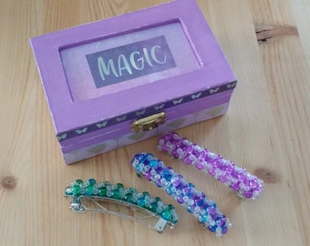 Three beaded Barrettes in a Box - Jewelry box gift - Hair fasteners - Trinket box - Colourful hair accessories - Believe in MAGIC