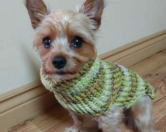 Dog Sweater - SMALL - Dog coat - Handknit dog sweater - Dog pullover - Dog clothes - Puppy sweater - Yorkie sweater - GREEN Brown stripe