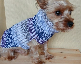 Dog Sweater - SMALL - Dog coat - Handknit dog sweater - Dog pullover - Dog clothes - Puppy sweater - Yorkie sweater - PURPLE blue white
