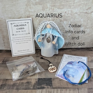 Poupée sorcière zodiaque VERSEAU - Cartes d'informations horoscope Verseau - Cadeau signe solaire Verseau - Poupée sorcière pince à linge - Poupée d'autel païenne - Zodiaque