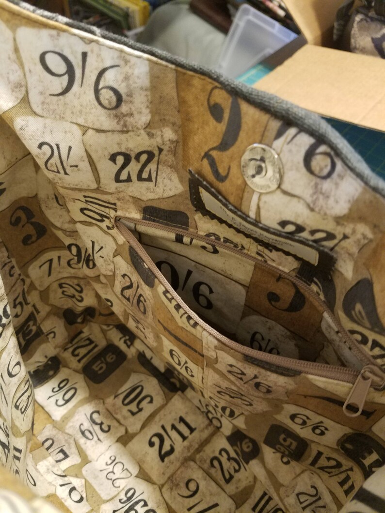 May include: A close-up of the inside of a tote bag with a zipped pocket. The fabric is brown with a pattern of numbers and fractions. The zipper is brown and the zipper pull is silver.