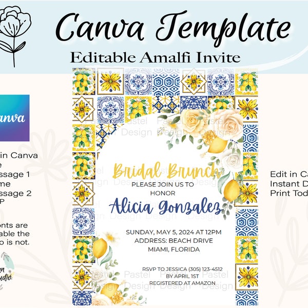 Amalfi Coast Digital Download Invite// Italian Tile// Lemon Tile// Almafitan style// Invitation// Bridal Shower //Birthday Invite // Canva