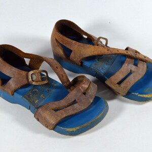 RARE Antique Child&#39;s Hinged Wooden Sandals, Leather Straps Patent No. 1433210