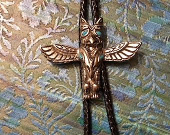 Authentic Vintage Western Bolo Tie - Leather/Silver/Turquoise Thunderbird Totem