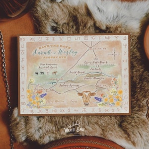 Casamento personalizado salvar a data mapa aquarela pintado à mão convite ocidental salvar a data cartão rancho convidar cowboy ocidental rancho de gado