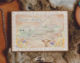 Custom Wedding Save the Date Map Watercolor Hand Painted Invitation Western Save the Date Card Ranch Invite Cowboy Western Cattle Ranch