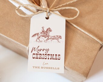 Steer Roper Western Rodeo Christmas Gift Tag, Editable Holiday Tag Template, Horses, Roping, Printable, Personalize, Instant Download, Corjl