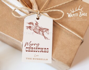 Bareback Bucking Horse Rider Cowboy Western Rodeo Christmas Gift Tag, Editable, Holiday Tag Template, Printable, Instant Download, Corjl