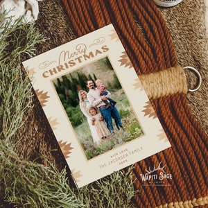 Carte photo de Noël western avec impression autochtone Modèle de carte photo de Noël imprimé vacances de Noël Navajo du sud-ouest, modifiable et imprimable