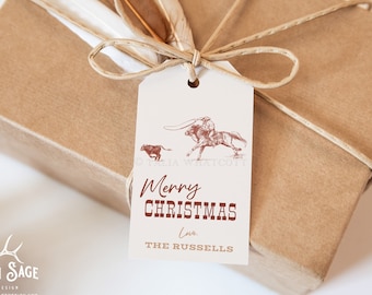 Calf Roper Tie Down Western Rodeo Christmas Gift Tag, Editable Holiday Tag Template, Horse, Printable, Personalize, Instant Download, Corjl