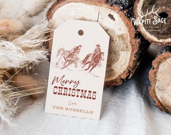 Pickup Man Western Rodeo Christmas Gift Tag, Editable Holiday Tag Template, Bucking Horse, Printable, Personalize, Instant Download, Corjl