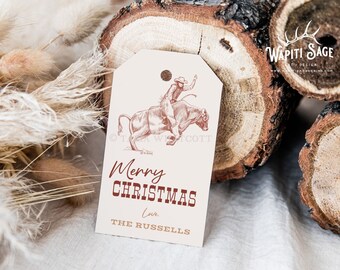 Bull Rider Rodeo Western Christmas Gift Tag, Holiday Tag Editable Template, Cowboy, Cattle, Printable, Personalize, Instant Download, Corjl