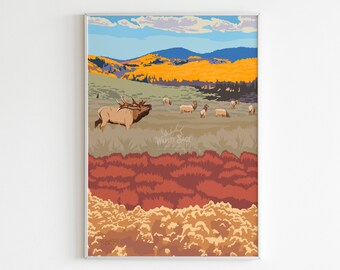 Elk Painting Art Print Elk Bugling Artwork Elk Drawing Painting Cabin Western Art Lodge Mountain Landscape Utah Scene Mountain Painting