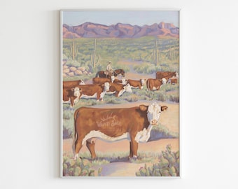 Cattle Art Print Western Painting Hereford Cow Art Print Desert Cowboy Painting Oil Ranch Home Decor Southwestern Art Talia Whatcott