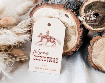 Barrel Racer Cowgirl Western Rodeo Christmas Gift Tag, Editable Holiday Tag Template, Horse, Printable, Personalize, Instant Download, Corjl