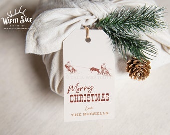 Team Roping Western Rodeo Christmas Gift Tag, Editable Holiday Tag Template, Horses, Roper, Printable, Personalize, Instant Download, Corjl