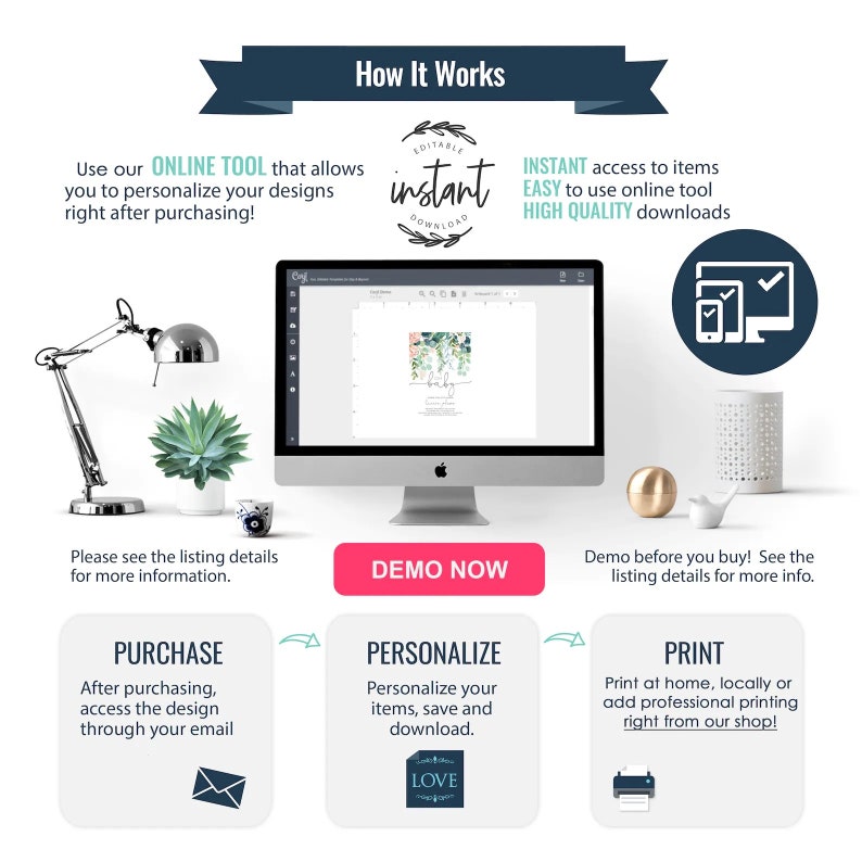 K&ouml;nnte beinhalten: So funktioniert es: Eine Grafik, die die Schritte zur Personalisierung und zum Drucken digitaler Designs zeigt. Die Schritte umfassen Kauf, Personalisierung und Druck. Die Grafik enth&auml;lt einen Computerbildschirm mit einem Beispieldesign, eine Lampe, eine Pflanze und einen Drucker.