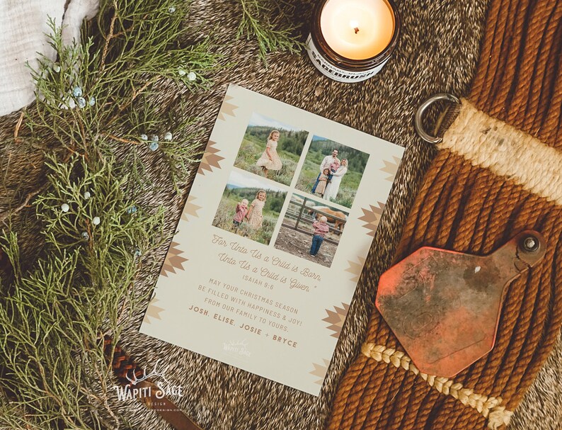 May include: A Christmas card with a rustic design featuring a family photo and the text "For Unto Us a Child is Born, Unto Us a Child is Given."  Isaiah 9:6.  The card is decorated with a brown and tan geometric pattern.