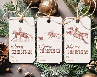 May include: Three white gift tags with a red and brown illustration of a cowgirl riding a horse. The tags have the text "Merry Christmas" in red and spaces for "To:" and "From:".