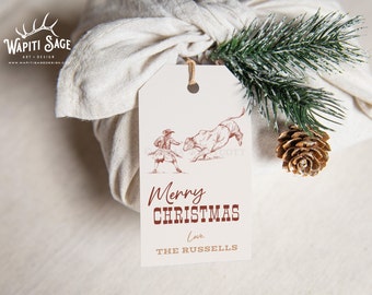 Bull Fighter Western Rodeo Cowboy Christmas Gift Tag, Editable Holiday Tag Template, Cattle, Printable, Personalize, Instant Download, Corjl
