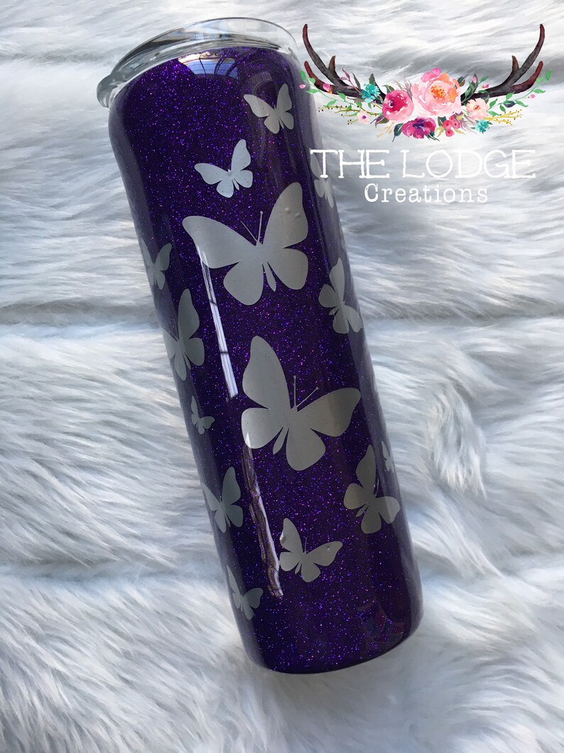 Purple Glitter Tumbler with Butterflies Custom Tumbler Etsy