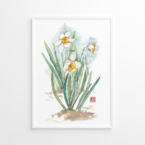 Narcissus flowers print. Chinese Art, Wall Art.