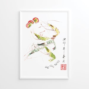 Shrimps. Still life in Chinese style. Art and Calligraphy for Print, Digital file only, Download, Individual or commercial use. Files: .JPG