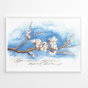 Apricot Blossom art. Watercolour painting and Brush Pen Calligraphy. Download JPG file.
