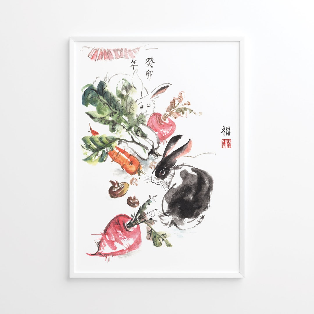 Rabbits and Cabbage, Beets. Still Life. Chinese Art for Print, Digital ...