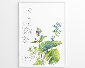 Forget-me-nots flowers print. Watercolor illustration, and Modern Calligraphy. Poster, postcard.